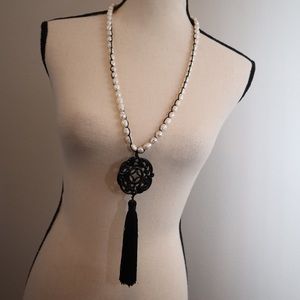 Chico’s Baroque Pearl & Black Tassel Necklace